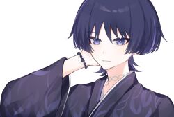  1boy arm_behind_head bead_bracelet beads blunt_ends bracelet choppy_bangs colored_eyelashes eyeliner garann14 genshin_impact hand_up highres japanese_clothes jewelry kimono long_sleeves looking_at_viewer makeup male_focus neck_tattoo parted_lips portrait purple_hair purple_kimono purple_pupils red_eyeliner scaramouche_(genshin_impact) solo tattoo tsurime violet_eyes wanderer_(genshin_impact) white_background wide_sleeves 