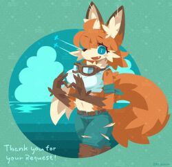  1girl above_clouds aircraft airplane animal_ear_fluff animal_ears aviator_goggles bandana_around_arm belt blue_eyes body_fur character_request clouds commentary_request english_text fang fingernails fox_ears fox_girl fox_tail furry furry_female hands_up heart heart_hands navel open_mouth orange_fur original pants patterned_background satobana sharp_fingernails slit_pupils snout stomach tail tank_top torn_clothes torn_pants white_fur 