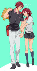  1boy 1girl aqua_background arm_hug backpack bag bilingual_commentary black_shirt black_shoes black_skirt brother_and_sister commentary_request duffel_bag english_commentary free! height_difference long_hair looking_at_another matsuoka_gou matsuoka_rin mixed-language_commentary mjo pants polo_shirt red_hair school_bag shirt shoes short_hair short_sleeves siblings signature skirt standing sweater_vest watch watch white_pants white_shirt 