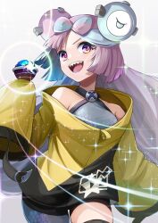  1girl :d blue_hair bow-shaped_hair breasts commentary_request cowboy_shot criss-cross_halter hair_ornament halterneck hexagon_print highres iono_(pokemon) jacket long_hair looking_at_viewer miu_(angelo_whitechoc) multicolored_hair oversized_clothes pantyhose pink_hair poke_ball pokemon pokemon_sv sharp_teeth single_leg_pantyhose sleeves_past_fingers sleeves_past_wrists smile sparkle standing teeth v-shaped_eyebrows white_background yellow_jacket 