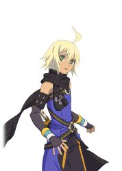  1boy ahoge artist_request black_gloves black_pants black_scarf blonde_hair blue_shirt commentary cowboy_shot elbow_gloves emil_castagnier fingerless_gloves game_cg gloves green_eyes looking_at_viewer official_art open_mouth pants scarf sheath sheathed shirt short_hair sleeveless sleeveless_shirt solo standing sword tales_of_(series) tales_of_asteria tales_of_symphonia tales_of_symphonia_knight_of_ratatosk third-party_source transparent_background weapon 