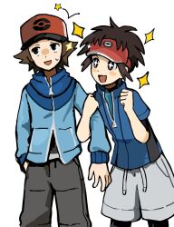  2boys backwards_hat baseball_cap blue_jacket exposed_pocket hat highres hilbert_(pokemon) jacket male_focus multiple_boys nate_(pokemon) poke_ball_print pokemon pokemon_bw pokemon_bw2 umiushi_donn visor_cap zipper_pull_tab 