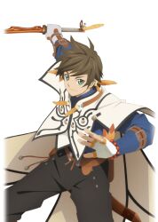  1boy artist_request belt belt_bag black_pants blue_shirt brown_belt brown_hair closed_mouth coat cowboy_shot earrings feather_earrings feathers fighting_stance fingerless_gloves game_cg gloves green_eyes jewelry looking_at_viewer official_art orange_feathers pants sheath shirt short_hair smile solo sorey_(tales) standing sword tales_of_(series) tales_of_asteria tales_of_zestiria third-party_source transparent_background weapon white_coat white_gloves 