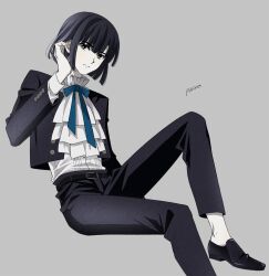  adjusting_hair androgynous ascot belt black_belt black_hair black_jacket black_pants character_request copyright_request expressionless grey_background highres jacket kiiri1214 looking_at_viewer pants shirt short_hair simple_background solo suit white_ascot white_shirt 
