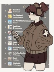  alisa_(girls_und_panzer) brown_hair brown_jacket girls_und_panzer hair_ornament headphones highres iamyourneighbrr jacket listening_to_music looking_at_viewer music phone saunders_military_uniform short_hair shorts spotify star_(symbol) star_hair_ornament 