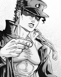  1boy black_hair chain coat earrings gakuran greyscale hat highres jewelry jojo_no_kimyou_na_bouken kujo_jotaro male_focus monochrome pointing rimmybone school_uniform shirt solo stardust_crusaders 