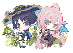  1boy 1girl ahoge aqua_pupils arama_(genshin_impact) aranara_(genshin_impact) ararycan_(genshin_impact) arm_at_side arm_cutout armor black_bodysuit black_bow black_bridal_gauntlets black_dress black_gloves black_hair black_sandals black_shoes black_shorts black_sleeves blue_cape blue_eyes blue_gem blue_hat blue_jingasa blue_kimono blue_sleeves blunt_ends blush_stickers bodysuit bow bridal_gauntlets brown_pants cape character_request chibi chibi_only choppy_bangs chouxdb closed_mouth clothing_cutout commission couple creature diorama dress expressionless feathers flower fringe_trim gem genshin_impact gloves gold gold_collar gold_ring gold_trim hair_between_eyes hakama hakama_shorts hand_up hat hetero huge_ahoge jacket japanese_armor japanese_clothes jingasa juban kimono kote kurokote layered_sleeves leaf leg_warmers long_sleeves low_twintails middle_ring multicolored_hair oc_x_canon off-shoulder_jacket off_shoulder open_clothes open_hands open_jacket open_kimono original pants pants_under_dress parted_bangs pink_hair pleated_dress pleated_shorts pom_pom_(clothes) purple_gem purple_sash red_scarf sandals sash scaramouche_(genshin_impact) scarf second-party_source shoes short_over_long_sleeves short_sleeves shorts shoulder_peek side_cape sidelocks sitting streaked_hair tassel turtleneck turtleneck_bodysuit twintails vision_(genshin_impact) wanderer_(genshin_impact) white_background white_hair white_jacket white_kimono white_leg_warmers white_sleeves yellow_feathers yellow_flower zouri 