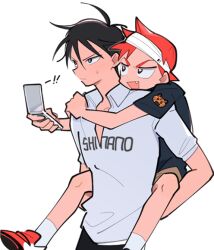  ! !! 2boys black_hair black_pants black_shirt carrying cellphone collared_shirt commentary_request fang headband holding holding_phone imaizumi_shunsuke korean_commentary male_focus multiple_boys naruko_shoukichi nervous_sweating o_omome open_collar open_mouth pants phone piggyback red_hair red_shoes romaji_text shirt shoes short_hair short_sleeves shorts simple_background smile sneakers socks spiky_hair star-shaped_pupils star_(symbol) sweat symbol-shaped_pupils white_background white_headband white_shirt white_socks yowamushi_pedal 