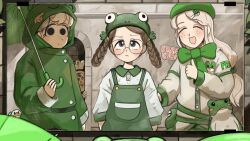  4girls :d alternate_hairstyle bird black_eyes blue_eyes blush bow braid brown_hair bunny_nun_(diva) chicken closed_eyes diva_(hyxpk) duck english_commentary freckles frog_hat frog_headband froggy_nun_(diva) glasses glasses_nun_(diva) green_bow green_hat green_overalls green_raincoat green_umbrella grey_hair hat highres jacket little_nuns_(diva) long_hair mirror multiple_girls nun overalls raincoat round_eyewear sheep_nun_(diva) shirt smile sparkling_eyes traditional_nun triangle_mouth umbrella white_jacket white_shirt 