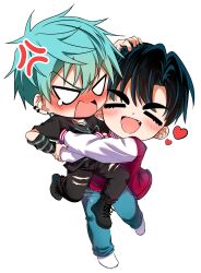  2boys absurdres aida24_7 alien_stage anger_vein arm_warmers black_hair black_pants black_shirt black_shoes blank_eyes blue_hair blue_pants blush carrying carrying_person closed_eyes commentary denim dot_nose english_commentary fang hand_on_another's_head highres ivan_(alien_stage) jacket jeans letterman_jacket long_sleeves male_focus multiple_boys open_mouth pants shirt shoes simple_background smile tears till_(alien_stage) torn_clothes torn_pants triangle_mouth white_background white_shoes 