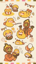  1girl 1other :3 artist_name bainomoti balloon blonde_hair bunting clock closed_eyes closed_mouth commentary confetti cupcake dante_(limbus_company) don_quixote_(project_moon) feeding floating food fork fruit highres holding holding_mini_person holding_spoon limbus_company mini_person multiple_views object_head open_mouth party_popper project_moon short_hair shrimp shrimp_tempura simple_background smile sparkle spoon strawberry tempura tempura_costume twitter_username 