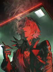  1boy cigarette commentary english_commentary from_below hair_between_eyes highres holding holding_cigarette jacket jewelry key key_necklace kome_non lauren_iroas lauren_iroas_(1st_costume) long_hair long_sleeves looking_at_viewer male_focus necklace nijisanji open_clothes open_jacket open_mouth ponytail red_hair side_ponytail smoke smoking solo teeth upper_body virtual_youtuber 