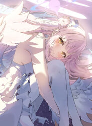  1girl absurdres angel angel_wings astoral bare_shoulders black_scrunchie blue_archive blush breasts capelet dress feathered_wings flower frilled_dress frilled_hair_tie frilled_hairband frilled_skirt frills from_above from_side gradient_halo gun hair_bun hair_flower hair_ornament hairband halo highres hugging_own_legs lanchester_smg long_hair looking_at_viewer low_wings lying mika_(blue_archive) multicolored_halo pantyhose pink_hair pink_halo scrunchie shadow sideboob single_side_bun skirt smile solo submachine_gun sunlight tea_party_(blue_archive) weapon white_capelet white_dress white_pantyhose white_wings wing_ornament wings wrist_scrunchie yellow_eyes 