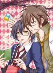  alvin_(tales_of_xillia) argyle argyle_background bespectacled black_hair book brown_eyes brown_hair candy glasses jude_mathis labcoat lollipop male mouth_hold multiple_boys necktie pink_background school_uniform seine_(blueagate) smile tales_of_(series) tales_of_xillia yellow_eyes 