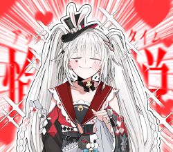  1girl black_choker blush carrot_011 choker closed_eyes diamond_(shape) diamond_facial_mark facial_mark hat heart heart_facial_mark highres honkai:_star_rail honkai_(series) long_hair mini_hat mini_top_hat pointing pointing_at_viewer smile sparkle_(honkai:_star_rail) sparxie_(honkai:_star_rail) top_hat twintails white_hair 