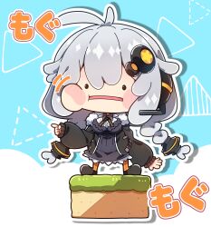  1girl antenna_hair black_dress black_jacket black_shoes blue_background blush braid chibi chibi_only commentary_request ditto dress drop_shadow eating full_body grey_hair hair_ornament highres jacket kizuna_akari long_hair long_sleeves mg_mg milkpanda open_clothes open_jacket open_mouth orange_pantyhose outline pantyhose pointing pokemon shoes solo standing striped_clothes striped_pantyhose transformed_ditto twin_braids vocaloid voiceroid white_outline 