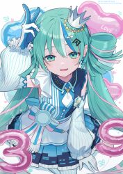  1girl 39 aqua_eyes aqua_hair ashika_(yftcc948) blue_shirt blush breasts collared_shirt commentary crown detached_sleeves frilled_shirt frills gloves green_eyes green_hair hair_between_eyes hair_ornament hatsune_miku highres lawson long_hair long_sleeves looking_at_viewer medium_breasts miku_day mini_crown open_mouth shirt sleeveless sleeveless_shirt solo star_(symbol) star_hair_ornament tilted_headwear twintails very_long_hair vocaloid white_gloves 