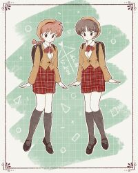  2girls backpack bag black_eyes black_shoes braid brown_hair closed_mouth dot_mouth full_body green_background grey_socks grid_background highres kneehighs multiple_girls ranma-chan ranma_1/2 red_hair red_skirt shii_rumic shoes short_hair single_braid skirt socks tendou_akane 