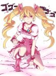  blonde_hair choker cure_peach earrings fresh_precure! hair_ornament heart jewelry long_hair looking_at_viewer magical_girl minazuki_randoseru momozono_love one_knee pink_eyes precure twintails wrist_cuffs 