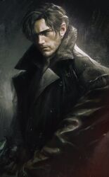  1boy b1biana_777 beard black_jacket brown_hair closed_mouth commentary english_commentary facial_hair highres jacket lapels leon_s._kennedy long_sleeves looking_to_the_side male_focus parted_hair rain resident_evil resident_evil_requiem short_hair sideways_glance solo wet wet_clothes 