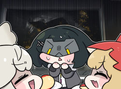  3girls apple apple_slice arknights arknights:_endfield beleullin blindfold_mask chibi chibi_only commentary_request endministrator_(arknights) female_endministrator_(arknights) food fruit highres korean_commentary mask multiple_girls open_mouth perlica_(arknights) rossi_(arknights) triangle_mouth 