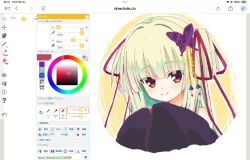  1girl art_program_in_frame azumaru_a black_kimono blunt_bangs blush butterfly_hair_ornament closed_mouth commentary eyes_visible_through_hair green_hair hair_intakes hair_ornament hair_ribbon hands_up highres japanese_clothes kimono looking_at_viewer murasame_(senren) outline paint_chat_(medium) red_eyes red_ribbon ribbon senren_banka sidelocks simple_background sketch sleeves_past_fingers sleeves_past_wrists smile solo two_side_up upper_body white_outline wide_sleeves yellow_background 