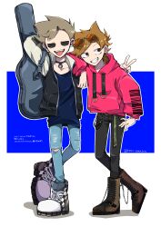  2boys alternate_costume animification antenna_hair arm_on_another's_shoulder black_choker black_jacket black_pants blue_hoodie blue_pants blue_shirt boots brown_boots brown_eyes brown_hair checkered_shoes choker denim drawstring eddsworld eyewear_on_head flipped_hair grin hair_behind_ear hair_ears highres hollow_eyes hood hood_down hoodie instrument_case instrument_case_on_back jacket jeans kion-aaaaa letterman_jacket long_sleeves looking_at_viewer male_focus multiple_boys open_clothes open_jacket open_mouth pants red_hoodie shirt shoes short_hair signature simple_background smile sneakers spiky_hair sunglasses tom_(eddsworld) tongue tongue_out tord_(eddsworld) torn_clothes torn_pants translation_request v wallet_chain 