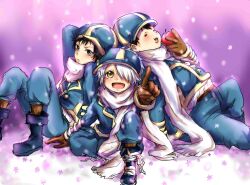 connor_kluff gloves lag_seeing looking_at_viewer looking_up male_focus open_mouth pixiv_id_1894960 pointing sitting tegami_bachi trio uniform zazie_winters