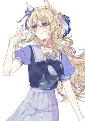  1girl absurdres animal_ears blonde_hair blue_eyes blush bow bowtie breasts closed_mouth collarbone commentary ear_covers english_commentary hair_between_eyes highres horse_ears horse_girl long_hair medium_breasts pleated_skirt puffy_short_sleeves puffy_sleeves purple_bow purple_bowtie purple_shirt sailor_collar sailor_shirt school_uniform shirt short_sleeves simple_background single_ear_cover skirt smile solo tachyuri tracen_school_uniform umamusume victoire_pisa_(umamusume) white_background white_sailor_collar white_skirt 
