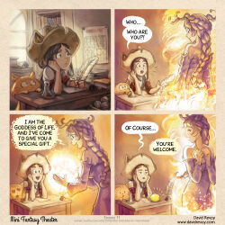  1other 2girls absurdres armband backboob blonde_hair book braid breasts brown_hair calendar_(object) candle carrot_(pepper&amp;carrot) cat checkered_armband checkered_clothes closed_eyes collared_shirt david_revoy desk english_text feathers food fruit hat head_rest highres horns indoors large_breasts lemon long_hair minifantasytheater multiple_girls orange_cat original parted_hair pepper&amp;carrot pepper_(pepper&amp;carrot) red_armband scroll shirt sideboob sidelocks signature sitting smile speech_bubble white_shirt window witch_hat 