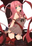  1girl arm_strap arms_behind_back black_legwear blue_eyes blue_panties chocolate chocolate_heart frills heart long_hair mouth_hold original panties pink_hair red_ribbon ribbon solo thigh-highs thighhighs underwear untied 