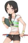  bad_id black_hair brown_eyes clipboard hair_ornament hairclip idolmaster idolmaster_cinderella_girls long_hair midriff minazuki_randoseru navel open_fly open_mouth pen ponytail rookie_trainer short_shorts shorts solo stopwatch trainer_(idolmaster) unbuttoned unzipped watch wristband 