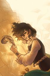  1girl black_shorts black_vest cape closed_mouth dutch_angle green_cape green_eyes highres holding holding_quill letter lying multongsisig on_stomach paper quill recoleta_(reverse:1999) reverse:1999 shirt short_hair shorts solo too_many_papers upper_body vest white_shirt yellow_background 