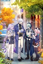  2boys 2girls absurdres alternate_costume anaxa_(honkai:_star_rail) antenna_hair aqua_hair bag bag_charm beret black_leg_warmers black_pants black_shirt black_shoes black_thighhighs blue_bag blue_coat blue_eyes blue_hairband blue_jacket blue_necktie blurry blurry_background boots bow bright_pupils brown_boots brown_coat brown_pants brown_shoes brown_sweater_vest castorice_(honkai:_star_rail) castorice_(luckin_coffee)_(honkai:_star_rail) character_charm charm_(object) city coat collared_shirt commentary cup day ddungw disposable_coffee_cup disposable_cup drill_hair english_commentary eyepatch full_body gradient_hair green_eyes green_hair grey_skirt hair_bow hair_intakes hair_over_shoulder hairband hat highres holding holding_cup honkai:_star_rail honkai_(series) hyacine_(honkai:_star_rail) jacket leg_warmers little_ica_(honkai:_star_rail) loafers long_hair long_sleeves looking_at_another low-tied_long_hair low_twintails meta multicolored_hair multiple_boys multiple_girls necktie official_alternate_costume open_clothes open_coat open_mouth outdoors pants parted_lips phainon_(honkai:_star_rail) phainon_(luckin_coffee)_(honkai:_star_rail) pink_hair pointy_ears ponytail purple_hair shirt shoes short_hair shoulder_bag skirt smile socks sweater sweater_vest talking thigh-highs tree turtleneck turtleneck_shirt turtleneck_sweater twin_drills twintails very_long_hair violet_eyes white_bow white_hair white_shirt white_socks white_sweater 
