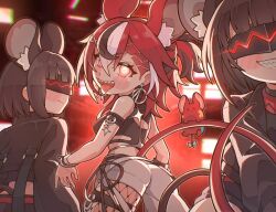  animal_ears backup_dancer_(hakos_baelz) black_streaks blindfold_mask chibi commentary dice english_commentary fishnets hakos_baelz hakos_baelz_(6th_costume) highres hololive hololive_english kukie-nyan mask mouse_ears mouse_girl mouse_tail multicolored_hair red_hair sharp_teeth smile snake_eyes_(hakos_baelz) streaked_hair tail teeth virtual_youtuber white_hair white_streaks 