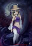  adapted_costume bare_shoulders blonde_hair detached_sleeves eyes feet_in_water green_eyes hat midriff miniskirt moriya_suwako mound_of_venus navel no_panties skirt snake soaking_feet solo thigh-highs thighhighs touhou water white_legwear wink zettai_ryouiki zimajiang 