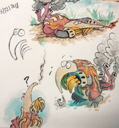  ? cartoonspider claws commentary dated english_commentary grass heatmor highres no_humans outdoors pokemon pokemon_(creature) pokemon_focus smoke toon_(style) traditional_media 