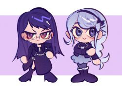  2girls :> ball_hands black_choker black_dress black_hairband black_jacket braid chibi chibi_only choker commentary dress english_commentary glasses grey_hair grey_skirt hairband hand_on_own_hip hellshake_yuli highres jacket kirifuji_nozomi long_hair multiple_girls open_clothes open_jacket purple_background purple_hair red_eyes shizuhara_hiruko skirt the_hundred_line_-last_defense_academy- two-tone_background violet_eyes white_background 