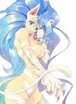  animal_ears big_hair blue_eyes blue_hair breasts cat_ears cat_tail claws cleavage felicia large_breasts paws solo tail traditional_media vampire_(game) 