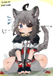  1girl :t absurdres ahoge animal_ears arknights arknights:_endfield black_gloves blue_eyes blush eyepatch fingerless_gloves gloves grey_hair highres medium_hair mokoo_rokoo shirt simple_background sitting solo tail tangtang_(arknights) tiger_ears tiger_girl tiger_tail v-shaped_eyebrows white_background white_shirt 