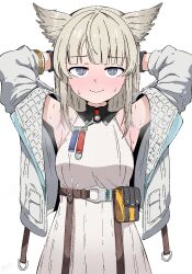  1girl animal_ears arknights arknights:_endfield armpits arms_behind_head arms_up belt belt_pouch bird_ears bird_girl black_gloves blue_eyes brown_belt chest_belt closed_mouth dress gloves highres hyojin_en jacket long_hair looking_at_viewer off_shoulder open_clothes open_jacket perlica_(arknights) pouch sleeveless sleeveless_dress smile solo sweat underbust upper_body white_background white_dress white_jacket 