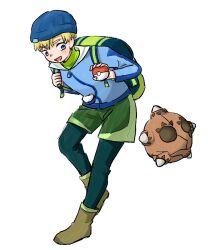 1boy backpack bag beanie blonde_hair blue_eyes character_request check_character chi.:_chikyuu_no_undou_ni_tsuite commentary_request contemporary crossover hat holding holding_poke_ball minior minior_(meteor) open_mouth poke_ball poke_ball_(basic) pokemon pokemon_(creature) qmy2756 rafal_(chi.) shorts simple_background smile solo white_background