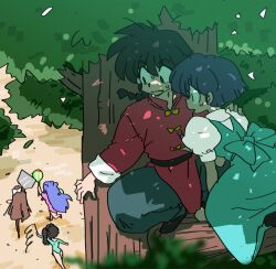  1boy 4girls black_hair blue_hair braid brown_hair chinese_clothes closed_mouth dress fuurinkan_high_school_uniform green_dress hiding kunou_kodachi kuonji_ukyou multiple_girls on_tree purple_hair ranma_1/2 saotome_ranma school_uniform shade shampoo_(ranma_1/2) short_hair single_braid sitting sweat tendou_akane tree wanta_(futoshi) 