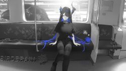  1girl absurdres asymmetrical_horns bird black_hair black_horns blue_hair blue_horns closed_eyes crow highres hololive hololive_english horns limited_palette long_hair multicolored_hair nerissa_ravencroft pantyhose partially_colored shirt shorts sitting solo_focus striped_clothes striped_pantyhose thekaiyip train_interior two-tone_hair uneven_horns virtual_youtuber wallet 