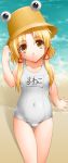  absurdres arm_up beach blonde_hair byeontae_jagga clothes_writing hair_ribbon hand_on_hat hat highres moriya_suwako navel ribbon school_swimsuit sign sitting smile solo swimsuit touhou water white_school_swimsuit white_swimsuit yellow_eyes 
