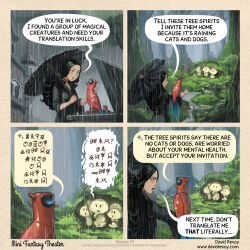  1girl 4others absurdres bird black_choker black_hair black_robe castle cepper_(minifantasytheater) choker clouds cloudy_sky david_revoy english_text forest goth_fashion grass grey_eyes highres holding holding_umbrella long_hair minifantasytheater multiple_others nature non-humanoid_robot outdoors parrot parrot_(minifantasytheater) parted_hair rain robe robot robot_animal robot_bird rock sky speech_bubble trash_can tree umbrella 