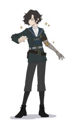  1boy 35_7_9 belt black_pants black_shoes blue_eyes brown_hair commentary_request full_body highres korean_commentary lies_of_p looking_to_the_side male_focus mechanical_arms pants pinocchio_(lies_of_p) prosthesis prosthetic_arm shoes short_hair simple_background single_mechanical_arm solo sparkle standing wavy_hair white_background 