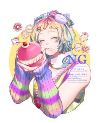  1girl absurdres animal_hat arm_warmers bare_shoulders bead_necklace beads blue_hair cake cat_hat chewing closed_eyes commentary cropped_torso doughnut eating eyeshadow fingernails food food_on_face fruit gradient_hair green_hair green_shirt green_tank_top hair_ornament hairclip hat highres holding holding_food jewelry lemocas lips makeup multicolored_arm_warmers multicolored_hair necklace path_to_nowhere pink_nails poffy_(path_to_nowhere) pretzel pudding purple_arm_warmers rainbow_gradient rainbow_hair red_hair shirt short_bangs short_hair smile solo strawberry tank_top untranslatable_commentary virtual_pet_(toy) watermark whipped_cream white_background white_hat yellow_arm_warmers yellow_eyeshadow 