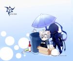  armor berserker_(fate/zero) box chibi command_spell dog fate/zero fate_(series) full_armor garbage_can hoodie in_box in_container male matou_kariya multiple_boys title_drop trash_can umbrella wa_ga_ne white_hair 