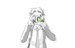  1boy adachi_tooru ameno_sagiri_(persona) camera closed_mouth collared_shirt covered_face facing_viewer greyscale holding holding_camera jacket kkyagdoyo164972 long_sleeves male_focus monochrome necktie persona persona_4 shirt short_hair simple_background solo spot_color suit upper_body white_background 
